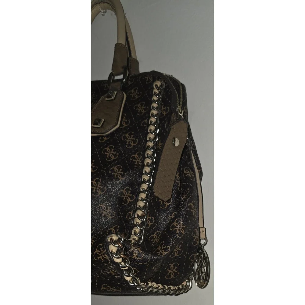GUESS‎ Brown Beige Logo Chain Studded Satchel Bag Silver Hardware